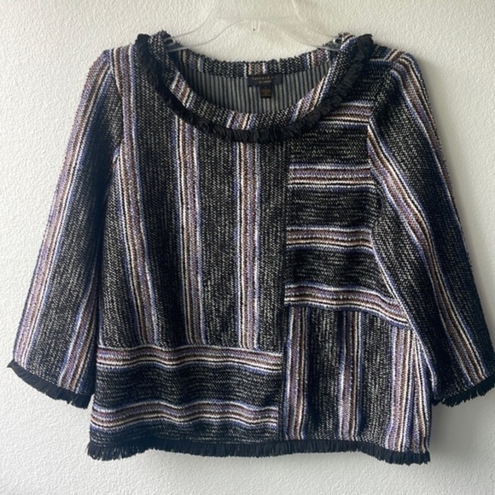 Anthropologie Top Black Current Air fringe striped size Large